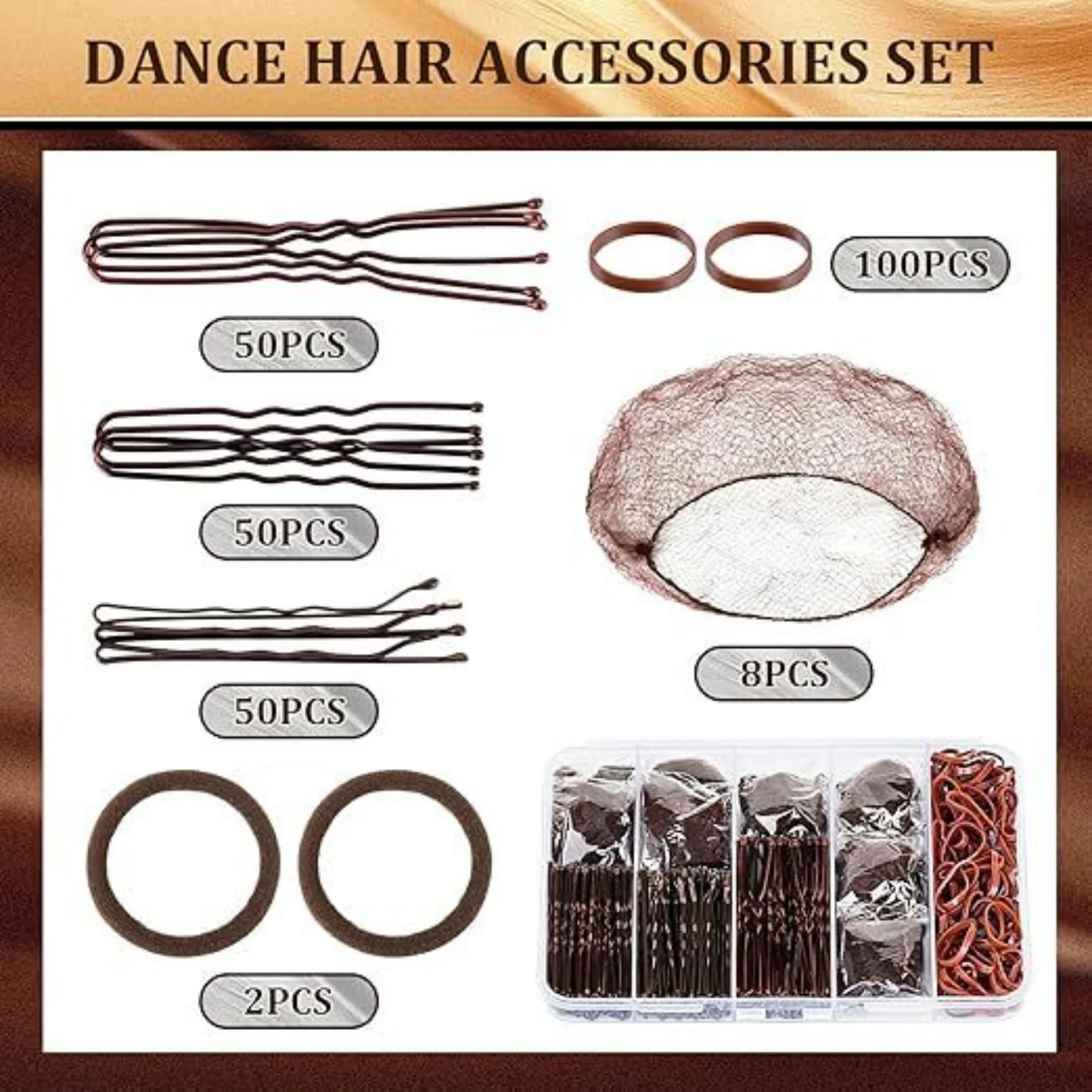 Gummiband-Haargummis, unsichtbares Haarnetz-Set, U-förmige Clips, gerade Clips, verpackte Gummibänder, Haarringe – Detail 7