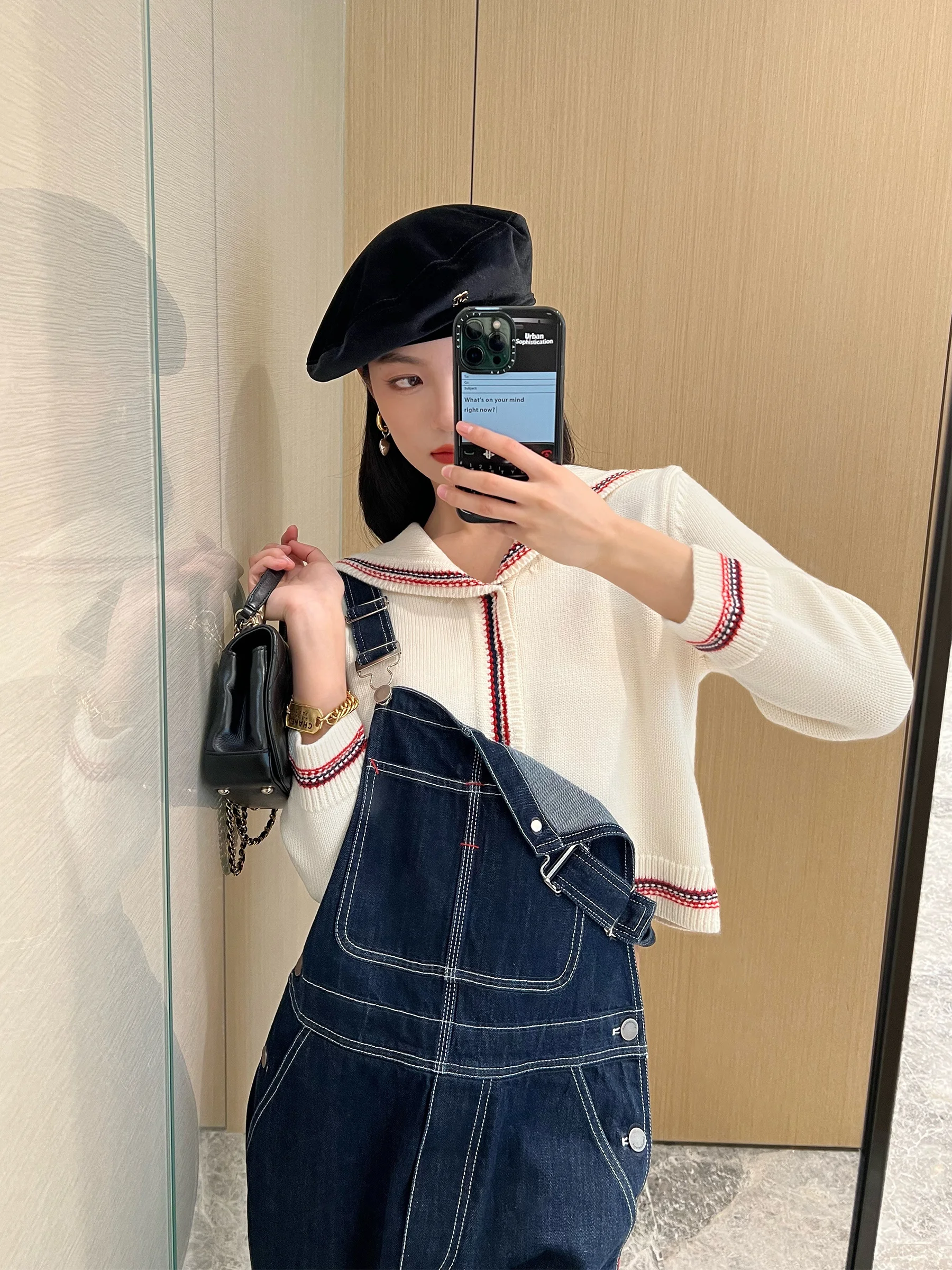 

Xiaojingjia Same Style French Fashion Age Reducing Academy Style Navy Collar Contrast Short Knit Sweater Women