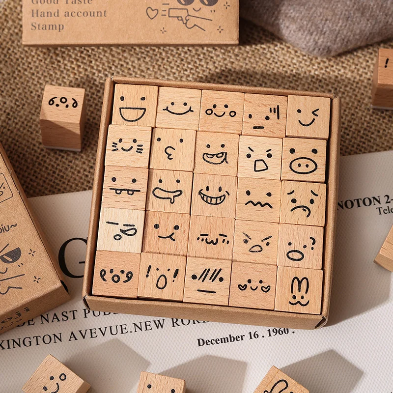 Journal GO 25pcs/set  Cute Stamp Wooden Rubber Stamps Lovely Vintage Craft Stamps Set for Diy Scrapbooking Planner Card Making