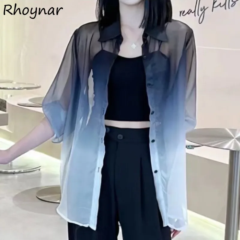 

Свободные рубашки, женская корейская модная одежда, тонкая прозрачная универсальная повседневная простая градиентная цветная конструкция, темперамент, летний шик