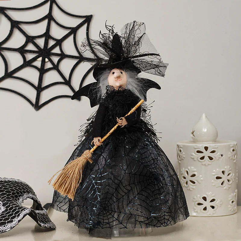 Escoba de Halloween, muñeca de bruja, casa embrujada, adornos de muñeca, vestido de tela de araña negra, accesorios decorativos para Festival de fantasmas de Halloween