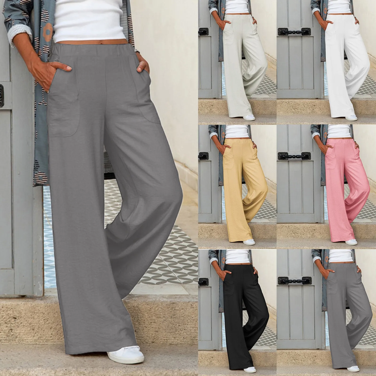 Women\'s Casual Solid High Waisted Trousers Linen Loose Wide Leg Cozy Pants Comfy Straight Elastic Waist Trousers With Pockets