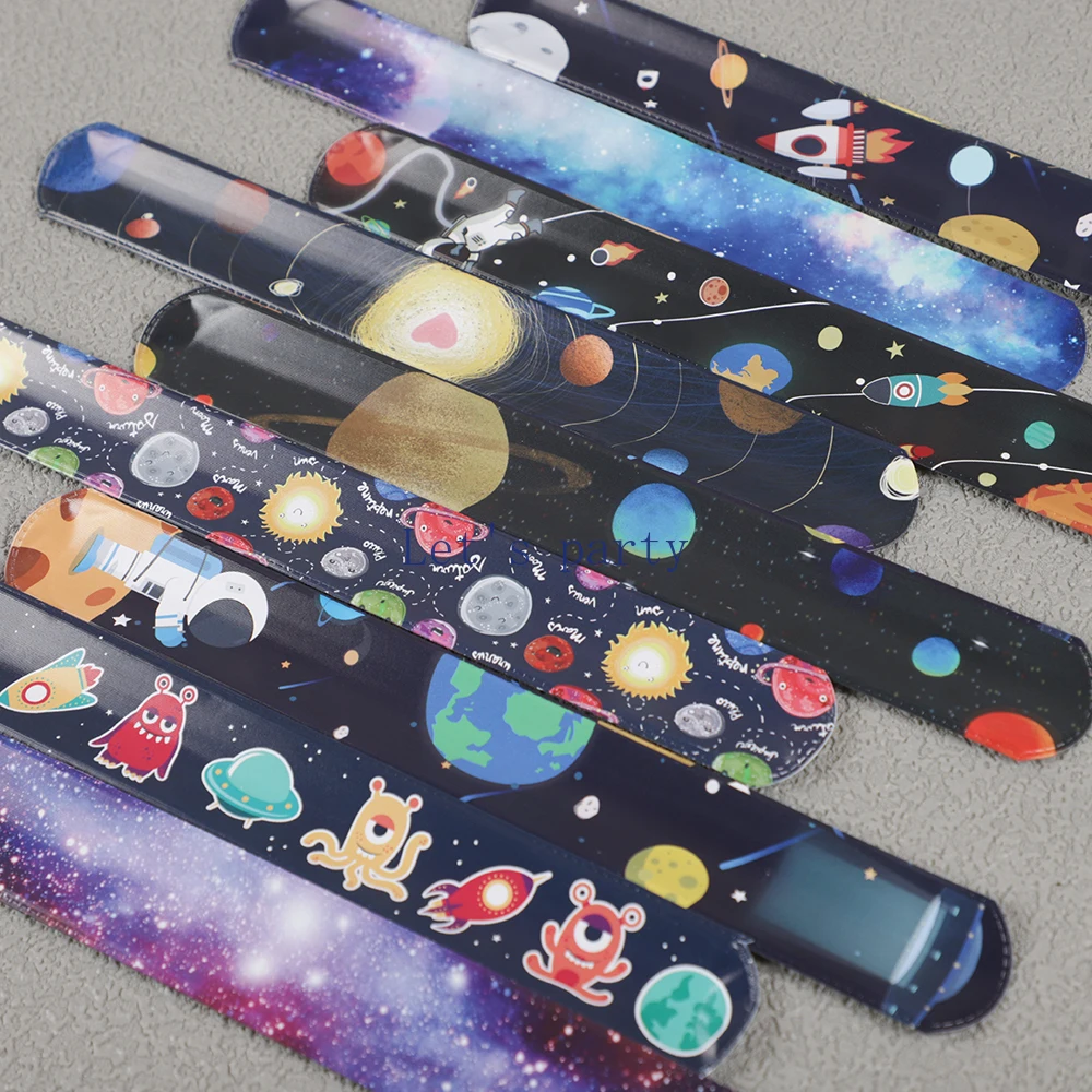 12Pcs Cartoon Outer Space Theme Slap Bracelets Astronaut Planet Circle Wristband for Kids Birthday Party Favors Pinata Fillers