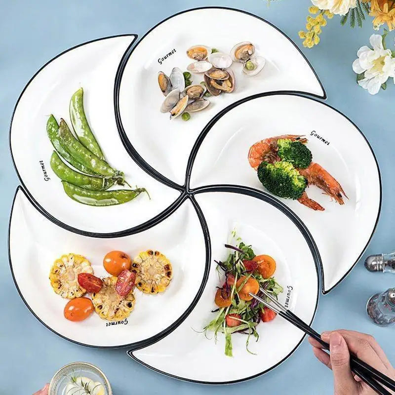 5pcs/Set Ceramic Dinner Plates Moon Shaped Ceramic Serving Dishes	Dessert Salad Pasta Plate Kitchen Dinnerware Sets Tableware