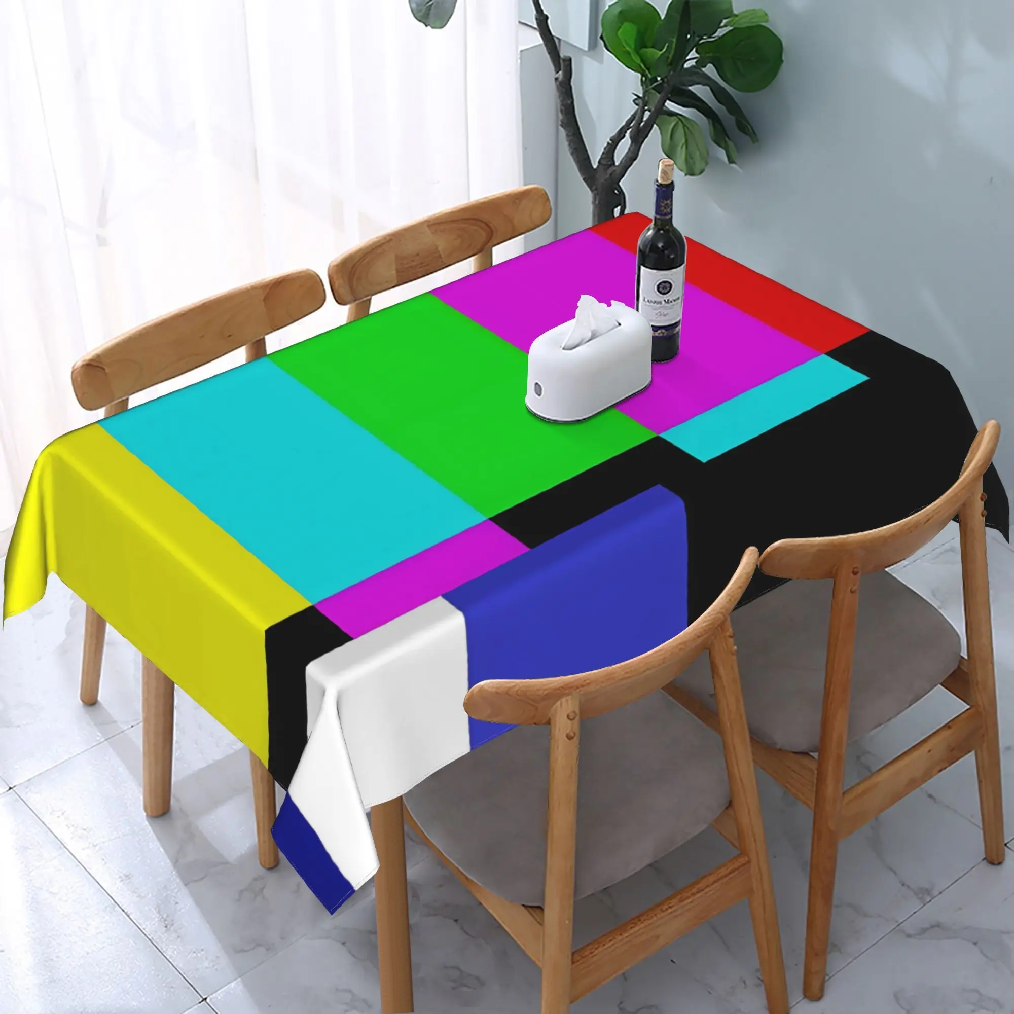 TV Test Pattern Tablecloth, Black With Bright Color Block TV Screen Print Rectangular Table Cover for Dining Kitchen Home Decor