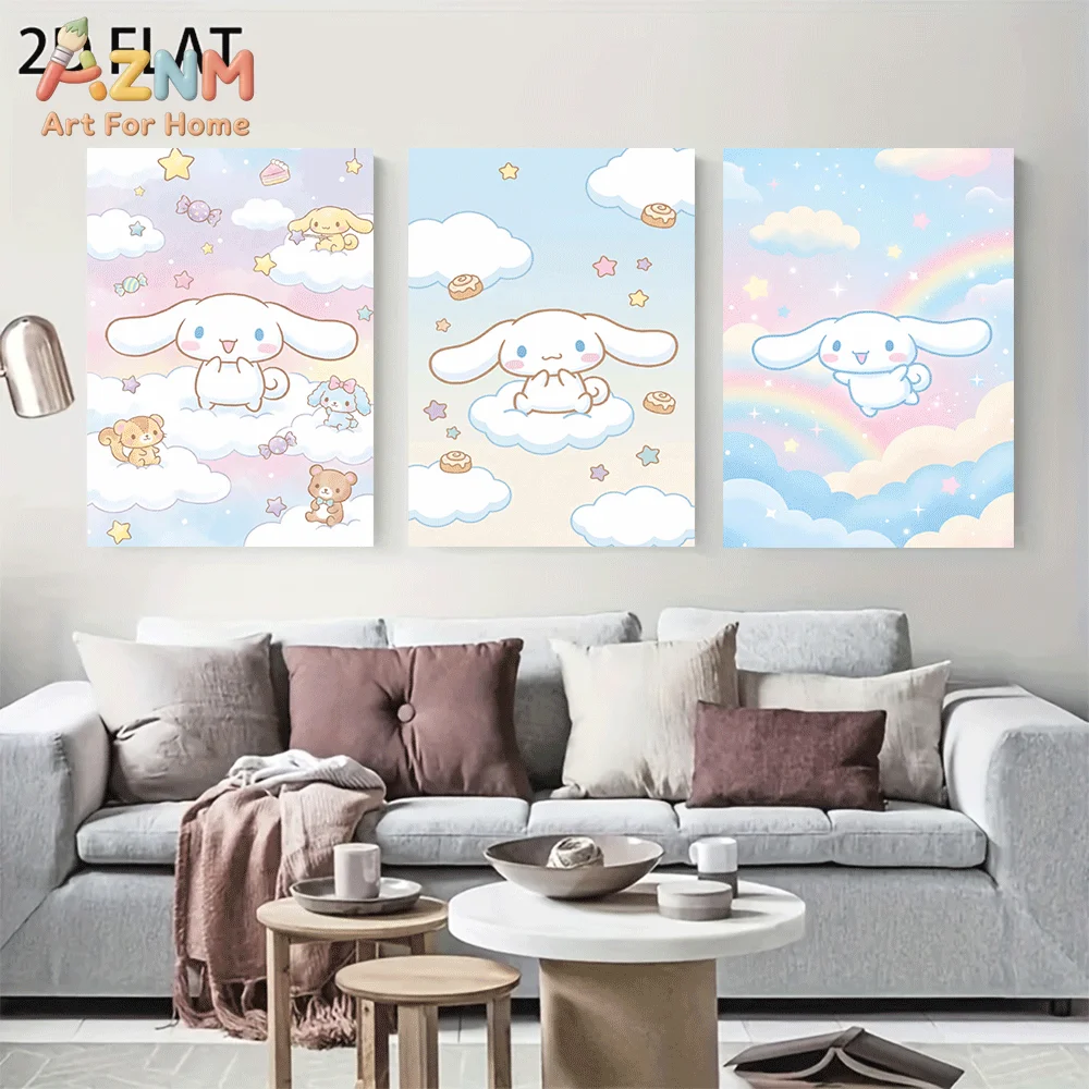 AZNM Cinnamoroll Canvas Wall Art Unframed Cute Cartoon Print Poster Gradient Sky Cloud Rainbow Star Bear Candy Donut Pastel Desi