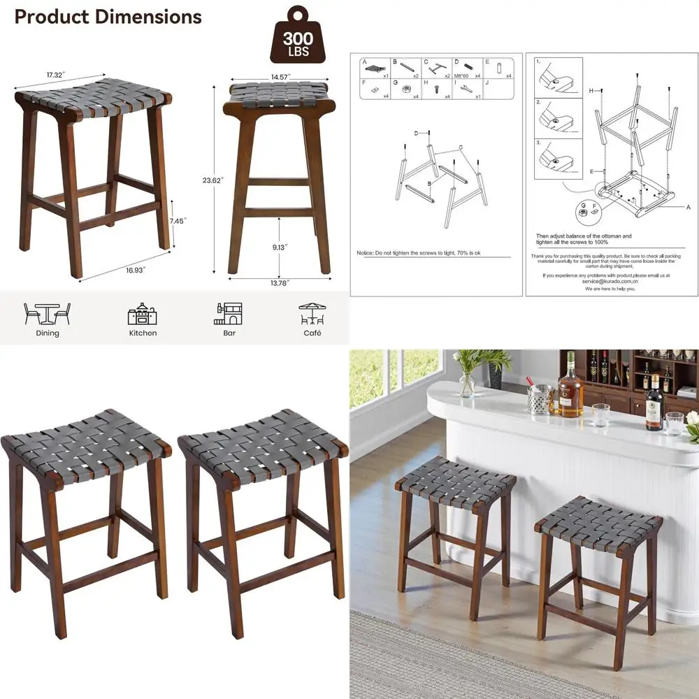 

Set of 2 Leather Woven Counter Stools with Grey Seats and Walnut Backs for Kitchen Island or Patio Use