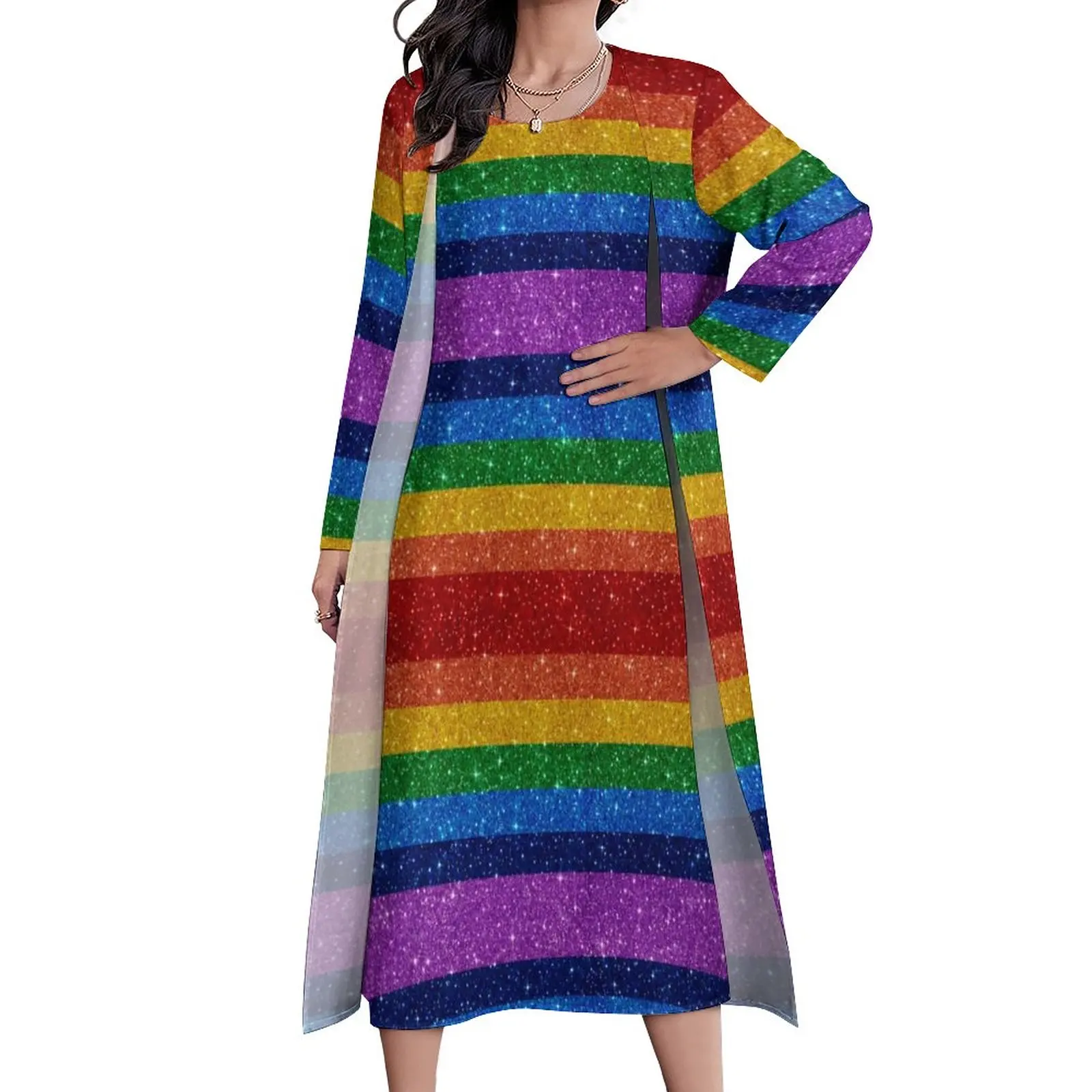 Bling Me Up Rainbow Dress Striped Pop Art Glitter Party Maxi Dress Aesthetic Casual Long Dresses Autumn 2 Piece Graphic Vestido