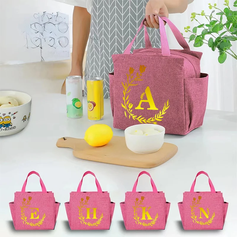 Gold letter print padded thermal insulation bag outdoor camping lunch bag portable bento bag insulated cold ice bag