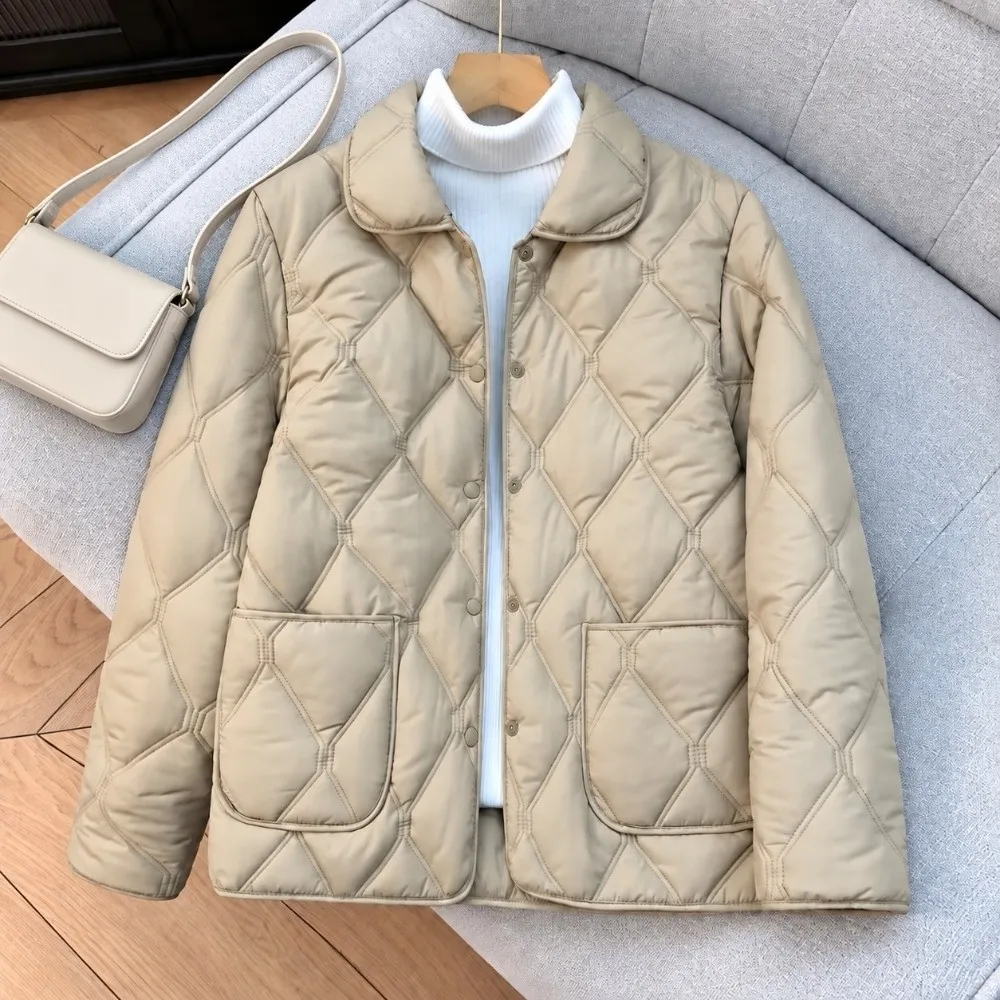 Rhomb Pattern Short Cotton Coat Warm Lining Big Pocket Casual Down Jacket Loose Fit Turn-down Collar Light Jacket