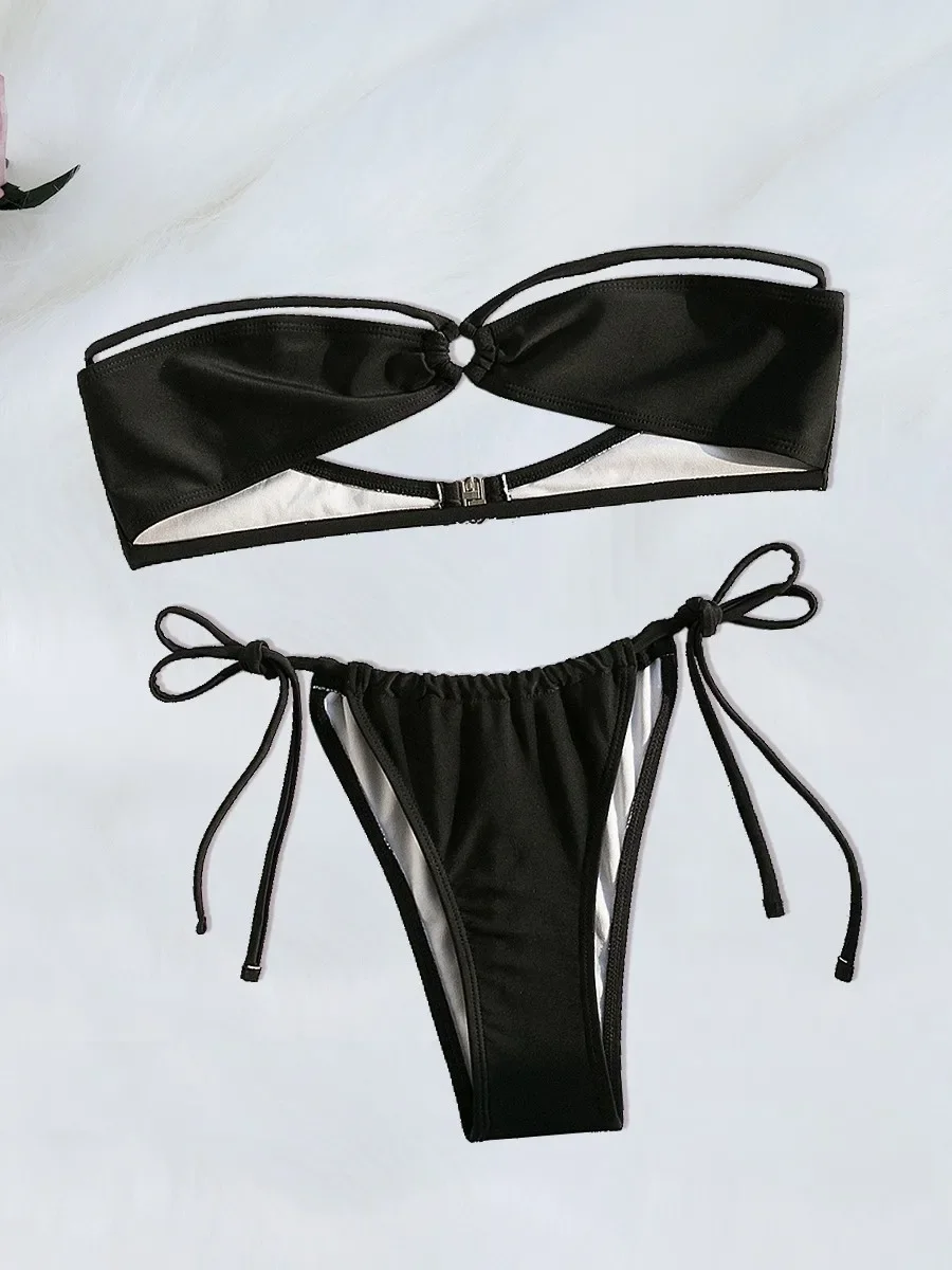 

2025 New Strapless Bikini Set Women's Solid Color 2 Piece Swimsuit Sexy V-neck Suspender Halter Backless Beach Vacation Swimwear