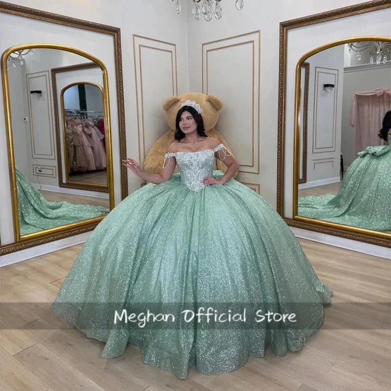 Customized Sage Green Shiny Quinceanera Dresses Off The Shoulder Lace Beading Crystal Tull Party Birthday Sweet 16 Dress