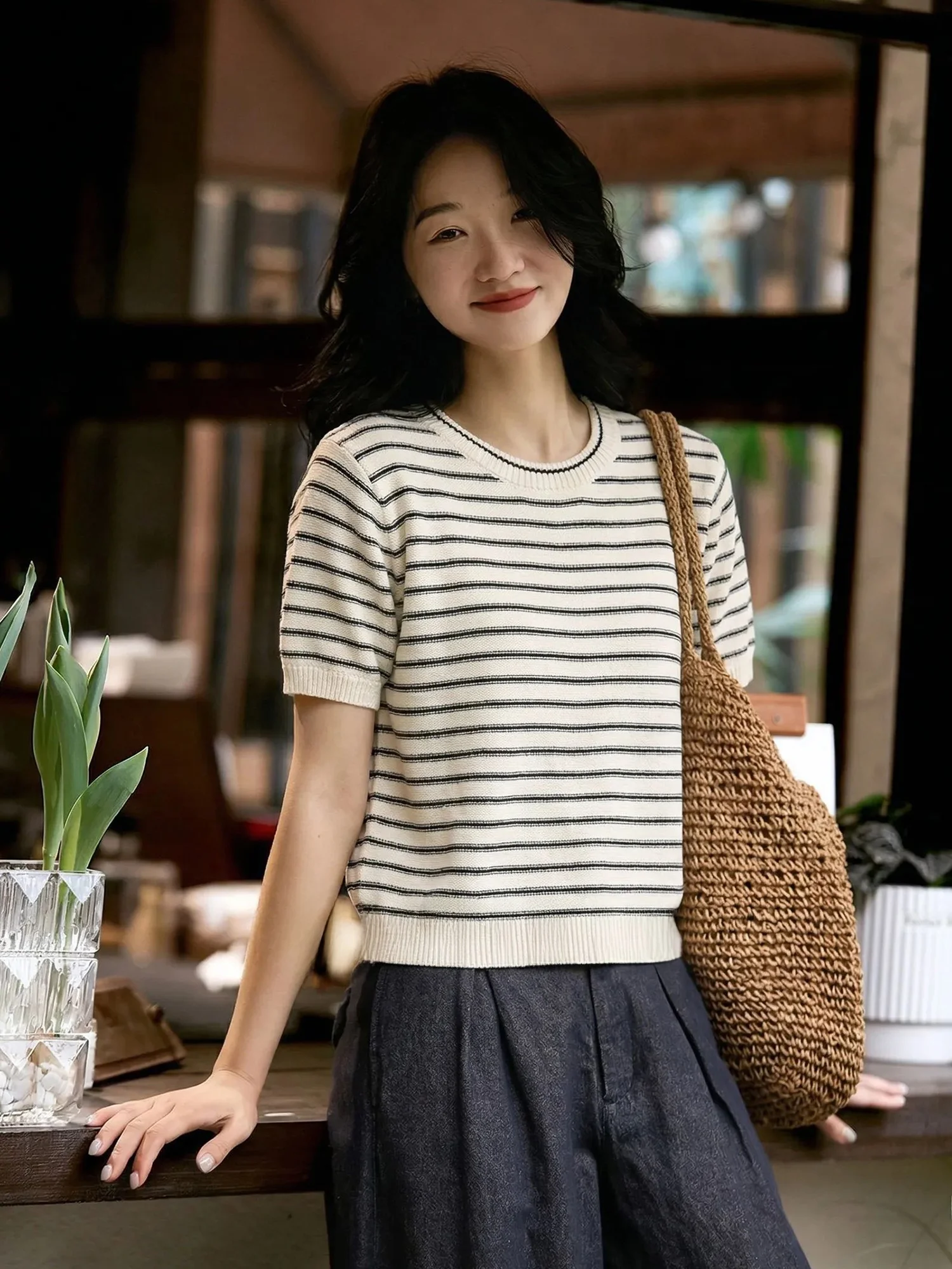 

Slim Fit Cotton Knitwear T-Shirt Striped Short Sleeve round Neck Women's Fashionable Versatile Summer Top Chivirin