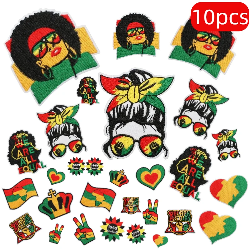 Lot de 10/12 écussons décoratifs thermocollants noirs brodés sur le thème de l'unité, pour la Fête de l'Indépendance, avec motifs sac en tissu, couronne et amour