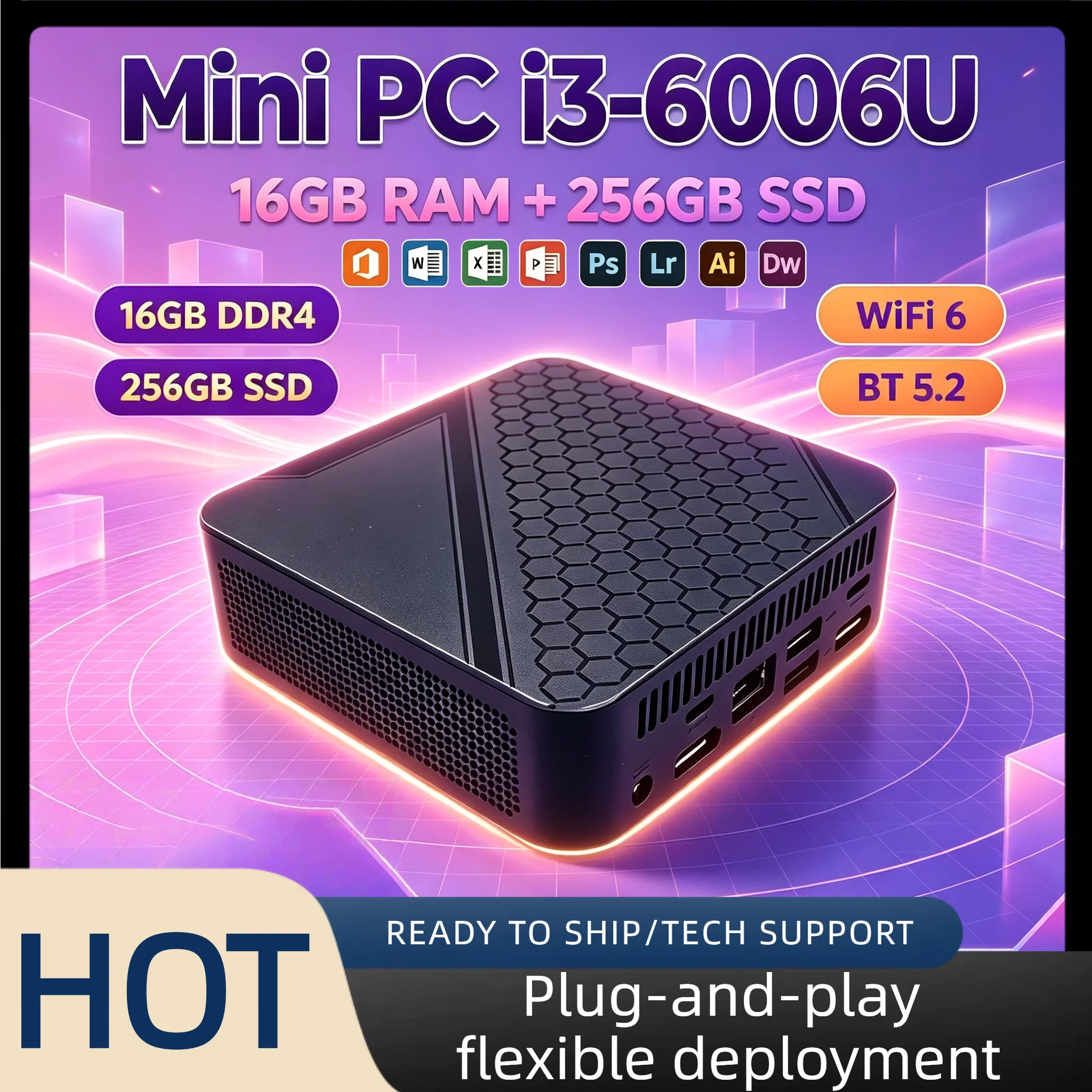Intel Core i3 6006U Mini Desktop 16GB DDR4 512GB M.2 NVMe SSD Triple 4K Display WiFi6 BT5.2 Silent Cooling Home Office Pro PC
