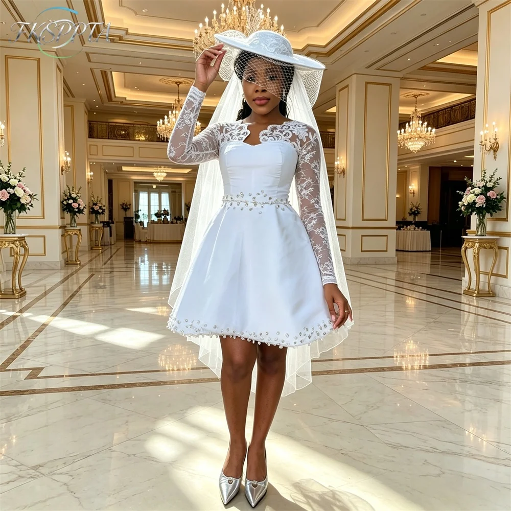 Short White Satin A Line Wedding Dress Lace Full Sleeves Corset Back Shiny Crystals African Bridal Gowns For Wedding Party