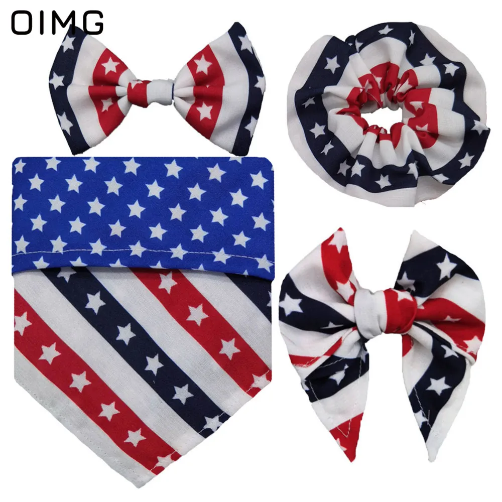 

OIMG Independence Day Dog Clothes Festive Suits Four-piece Set Of Saliva Bib-neck Bow Hair Tie Dress Up Supplies Teddy Papillon