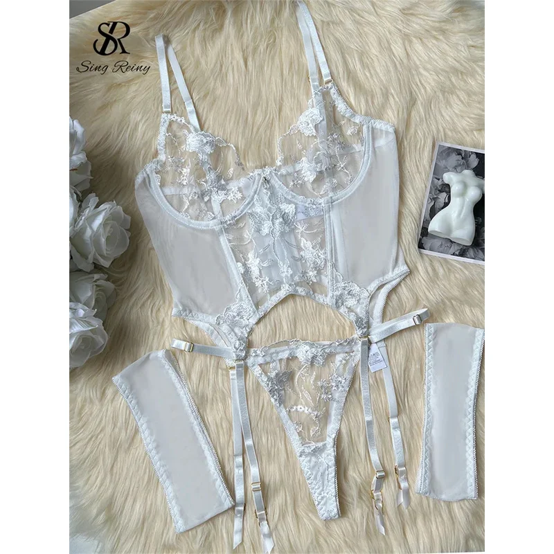 SINGREINY Gauze Sheer Slim Erotic Bra&Brief Sets Fashion Embroidery Club Sleepwear Female Prono Transparent Sexy Underwear Suits