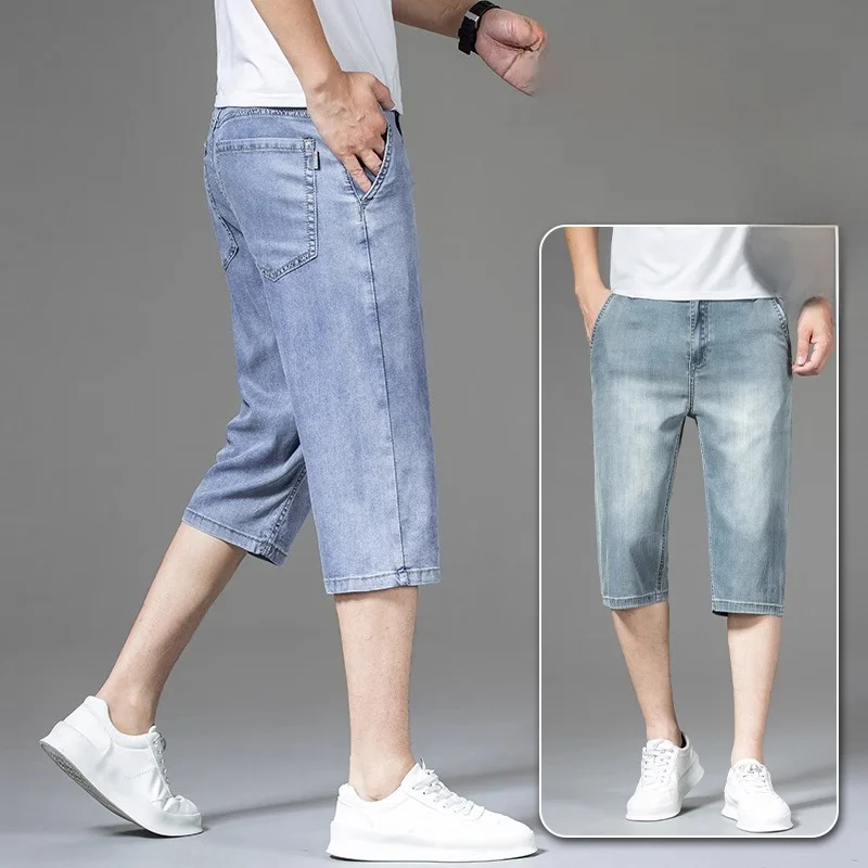 

Ультратонкие летние удобные мужские джинсовые джинсы со средней талией, свободный крой выше колена, повседневные джинсы длиной 7 дюймов, прямые базовые джинсы