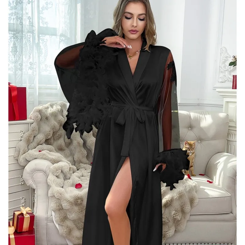 

Длинное кимоно с перьями, банный халат, будуарный свадебный халат макси, халаты для невесты, вечерние пятна, шелковое белье, пеньюар, домашняя одежда