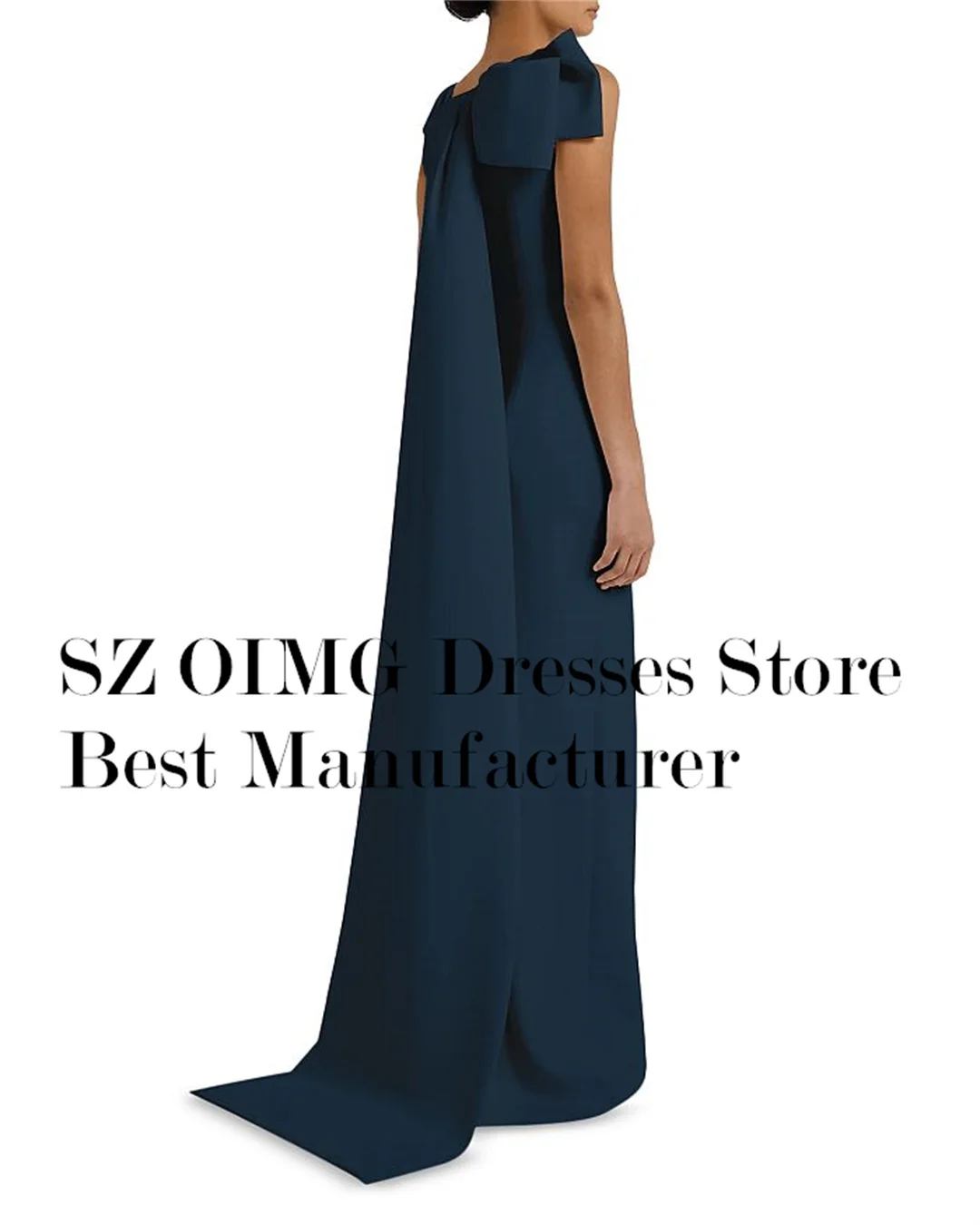 OIMG Elegant Asymmetrical Draped Prom Dresses Cape Stretch Crepe Satin Navy Blue Evening Gowns Formal Party Dress