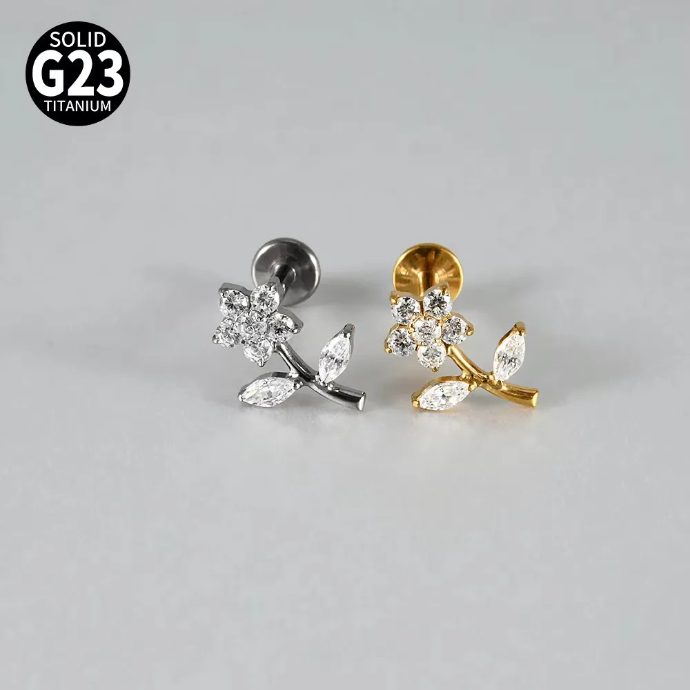1PC G23 Titanium Zircon Labret Lip Ring 18G 16G Internal Thread Flower Tragus Helix Conch Flat Earring Body Piercing Jewelry