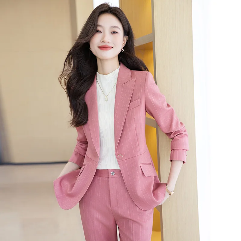 

Autumn Ladies Blazer Fashion Striped Single Button Long Sleeve Business Work Wear Suit Jacket Slim Formal Coat Female Outerwear