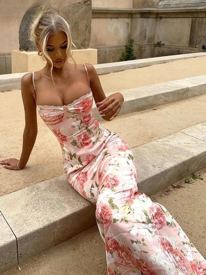 

Flower Print Dress Woman Summer Sexy Patchwork Spaghetti Straps Lace Trim Elegant Trend Party Streetwear Skinny Vestidos