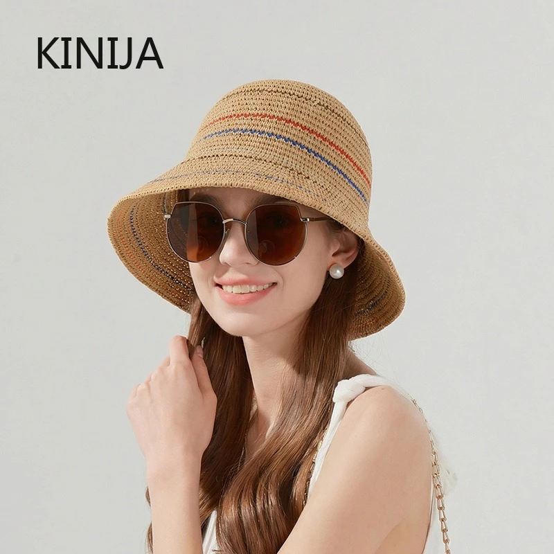 Sommerlicher Sonnenschutz-Fischerhut, gestrickter, hohler Sonnenschutz-Bucket-Hat, modischer, atmungsaktiver Designer-Strand-Strohhut, Sombreros