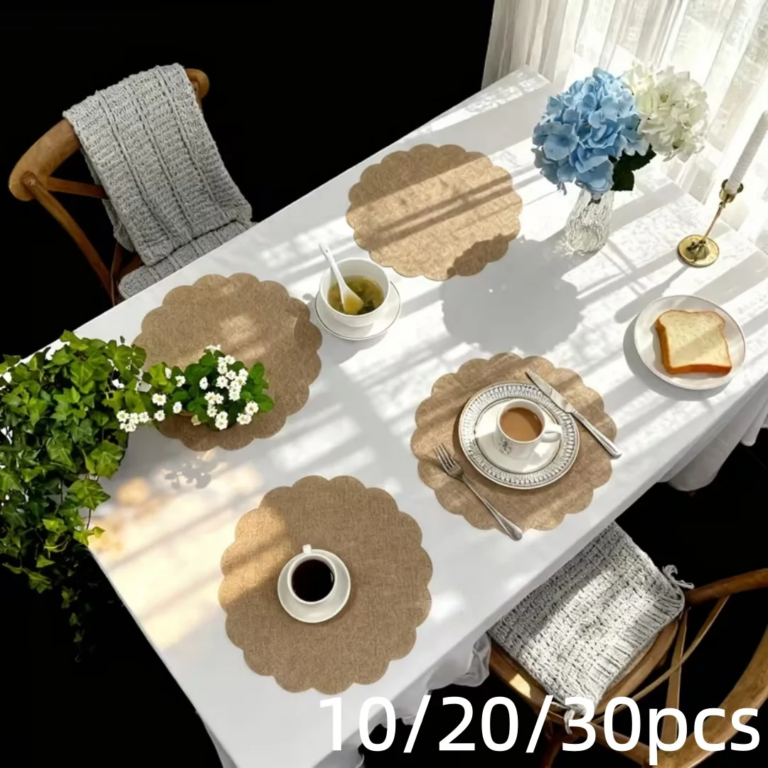 10/20/30pcs Beige Wavy Jute Placemat with Waterproof Film-Covered Bottom, Suitable for Rural Kitchen and Cafe Scenes