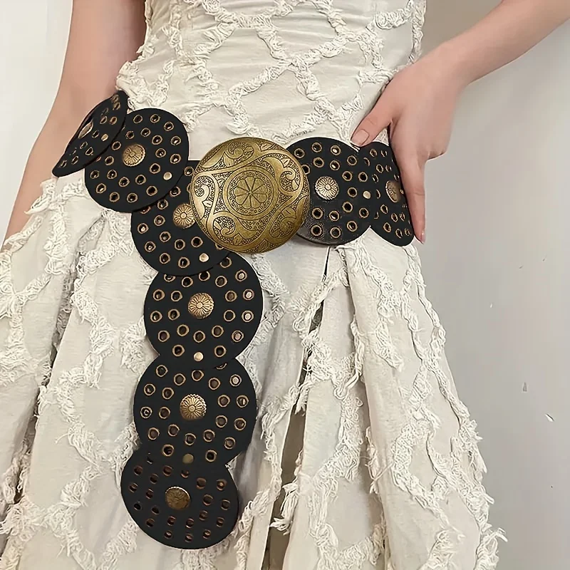 

1 PC Retro Western Style Women's Belt Exaggerated round Hollow out Metal Wide Leather Belt for Individual Fashion Accessory