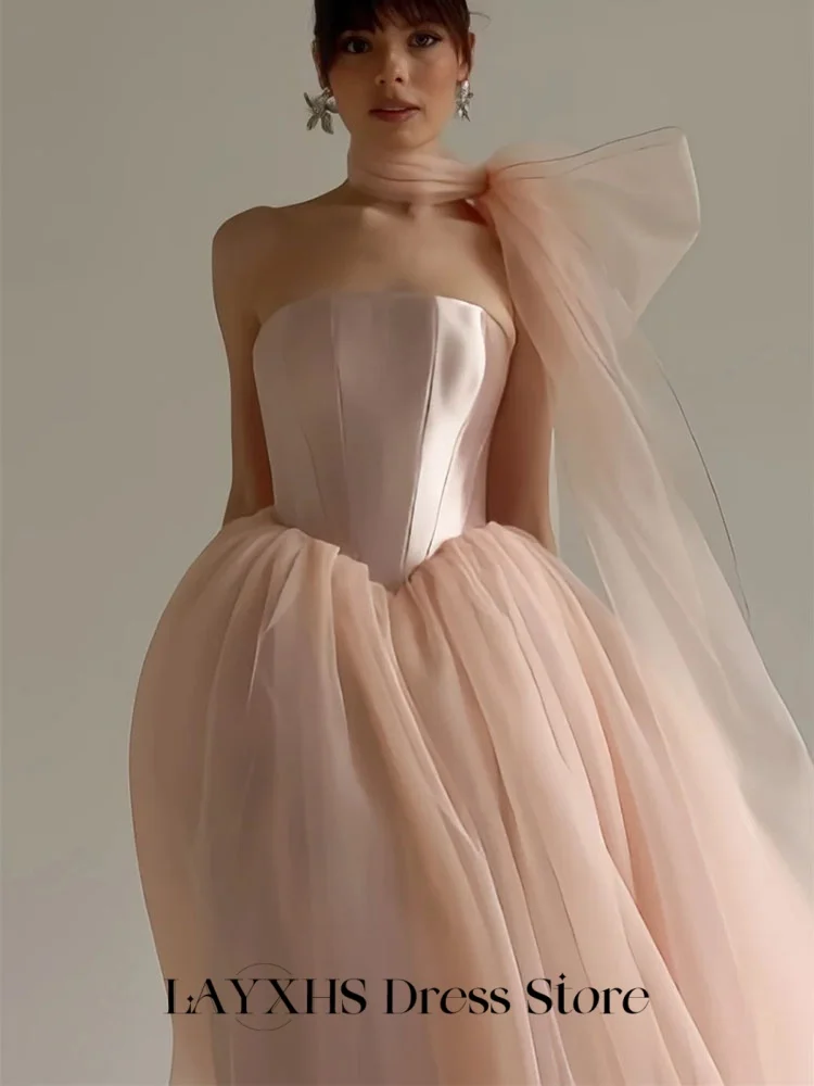 LAYXHS فساتين سهرة عصرية وردي بدون حمالات على شكل حرف a من التل مشد بفيونكة فساتين لحضور الحفلات الموسيقية مخصصة رداء السهرة #3