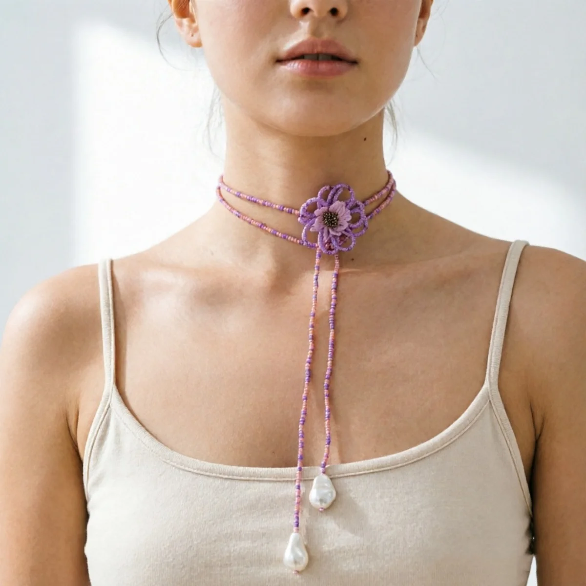Böhmische handgefertigte Halskette mit gewebten Reisperlen und Blumenmuster für Damen, barocke Kunstperlen-Quastenkette, lange Pulloverkette, Schmuckstück – Detail 16
