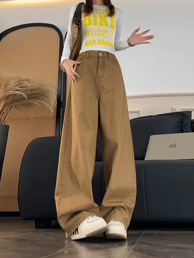 

American Sle Retro Bell Bot Jeans High Waist Slimming Khaki Color Pants Wide Leg Casual Straight Leg Trousers