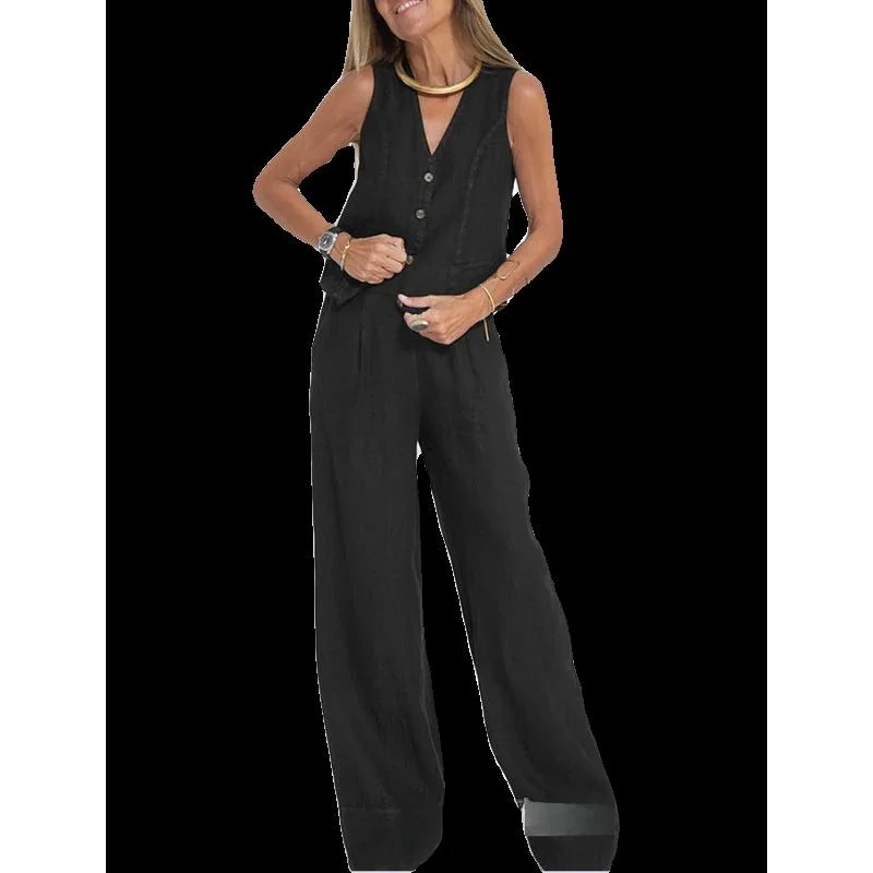 Моющийся лоскутный хлопковый льняной жилет и брюки, комплект повседневного женского ансамбля Ele, весна 2024, без фирменной рекламной марки