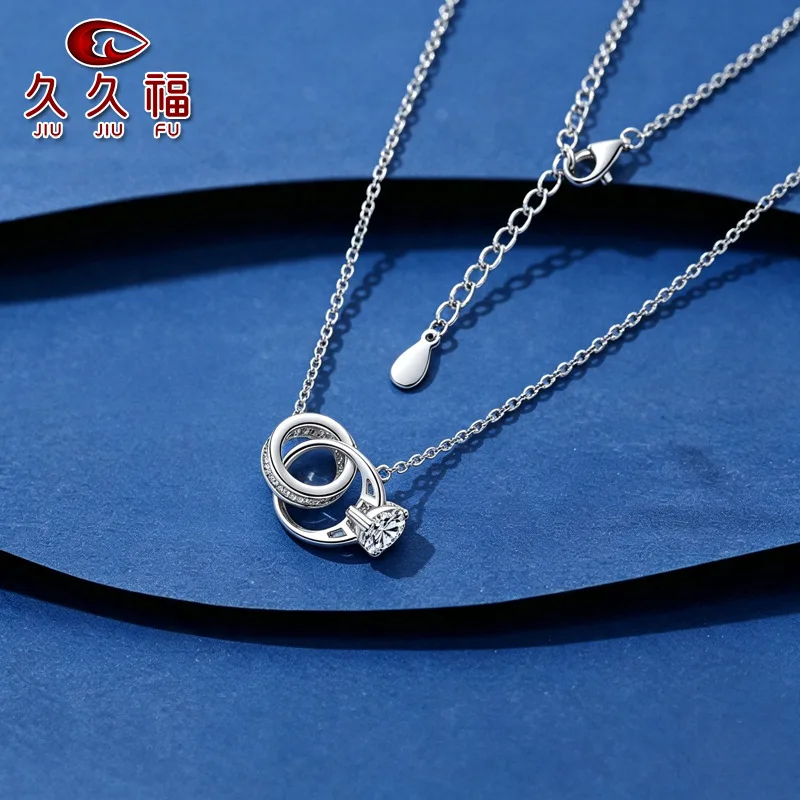Wedding Matching Double Heart Ring Choker Necklace For Women PT950 Platinum Artificial Diamond Wedding Accessory