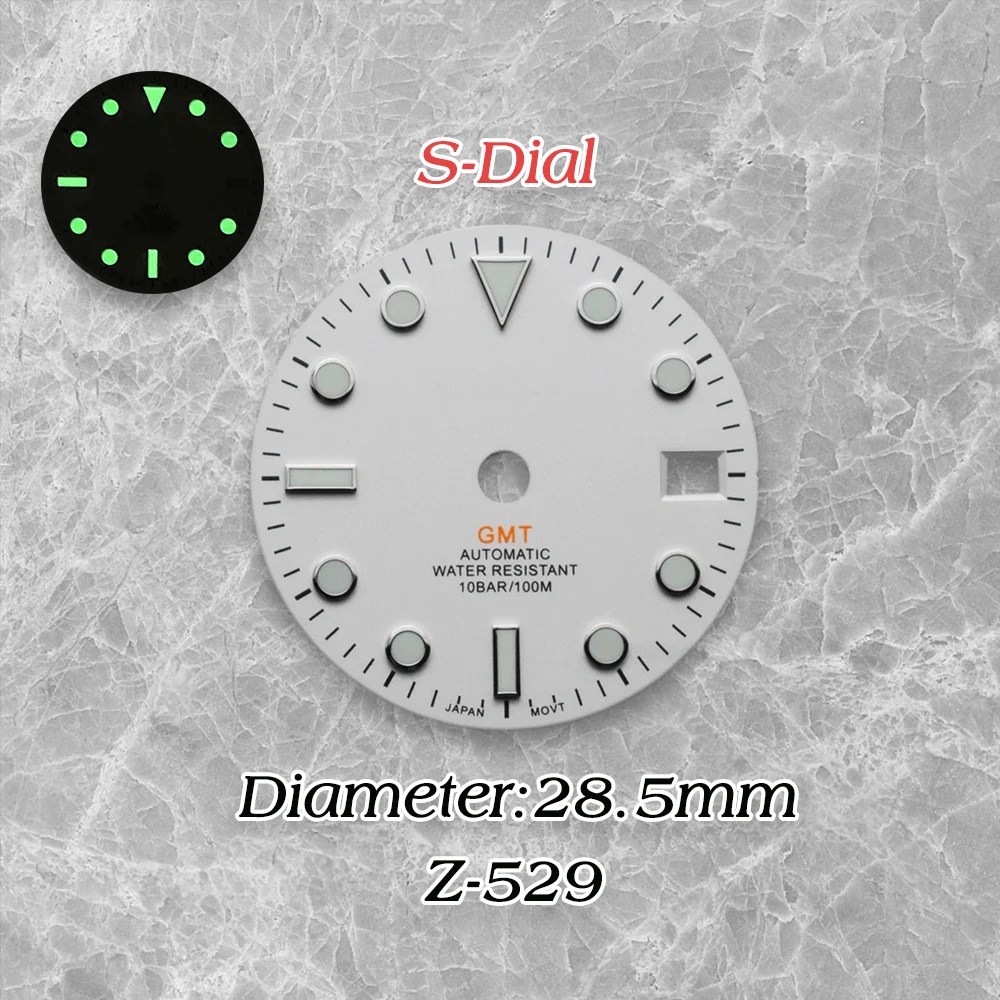 High QualityS Logo Dial28.5mm  GMT Dial For NH34 Janpan Movement Green Luminous White  Dial Watch Modification Accessories ﻿