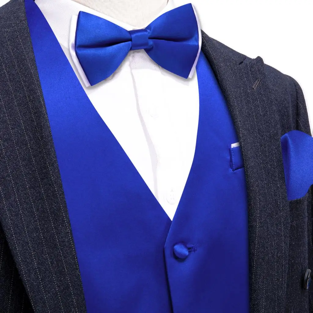 Designer Vest for Men Royal Blue Silk Solid Plain Waistcoat Bowtie Set V Neck Wedding Business Male Sleeveless Jacket Barry Wang