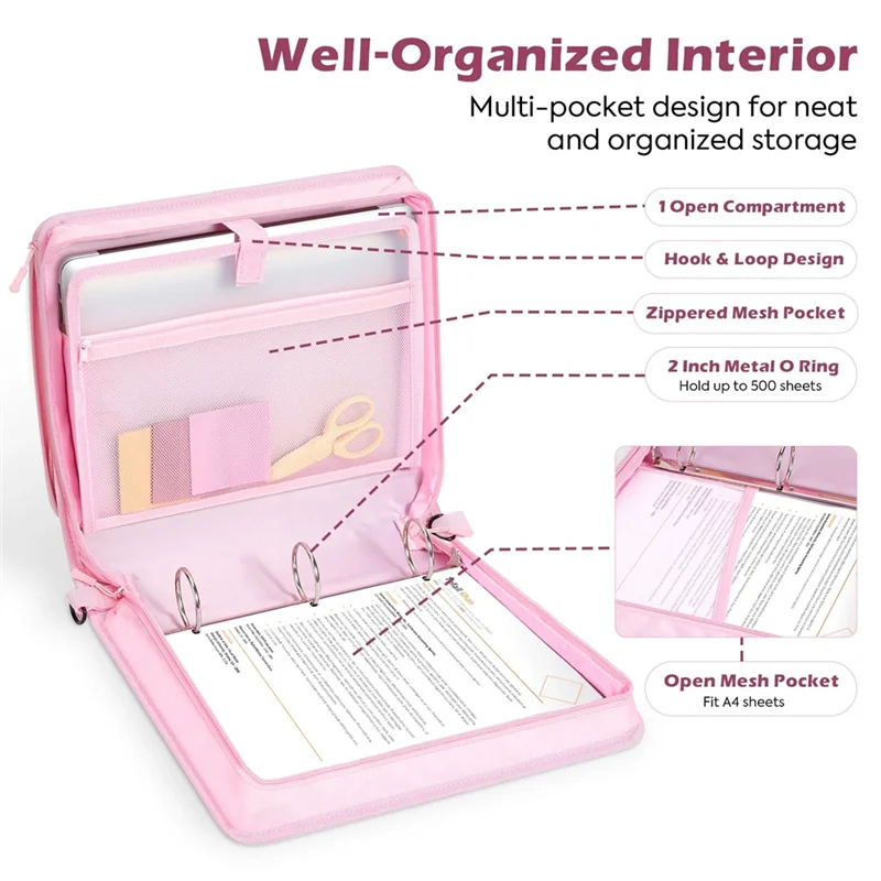 HJ-Multi-Pocket 2 Inch Zipper Binder With 3 Ring Design, 500 Sheet Capacity 5 Tab Expanding File Folder, Zipper Bag Pink