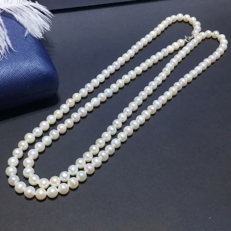 

White Natural Pearl Necklace for Women 7-8mm Beads 45cm/90cm Length Necklace Classic Anniversary Gift Female Silver Necklace