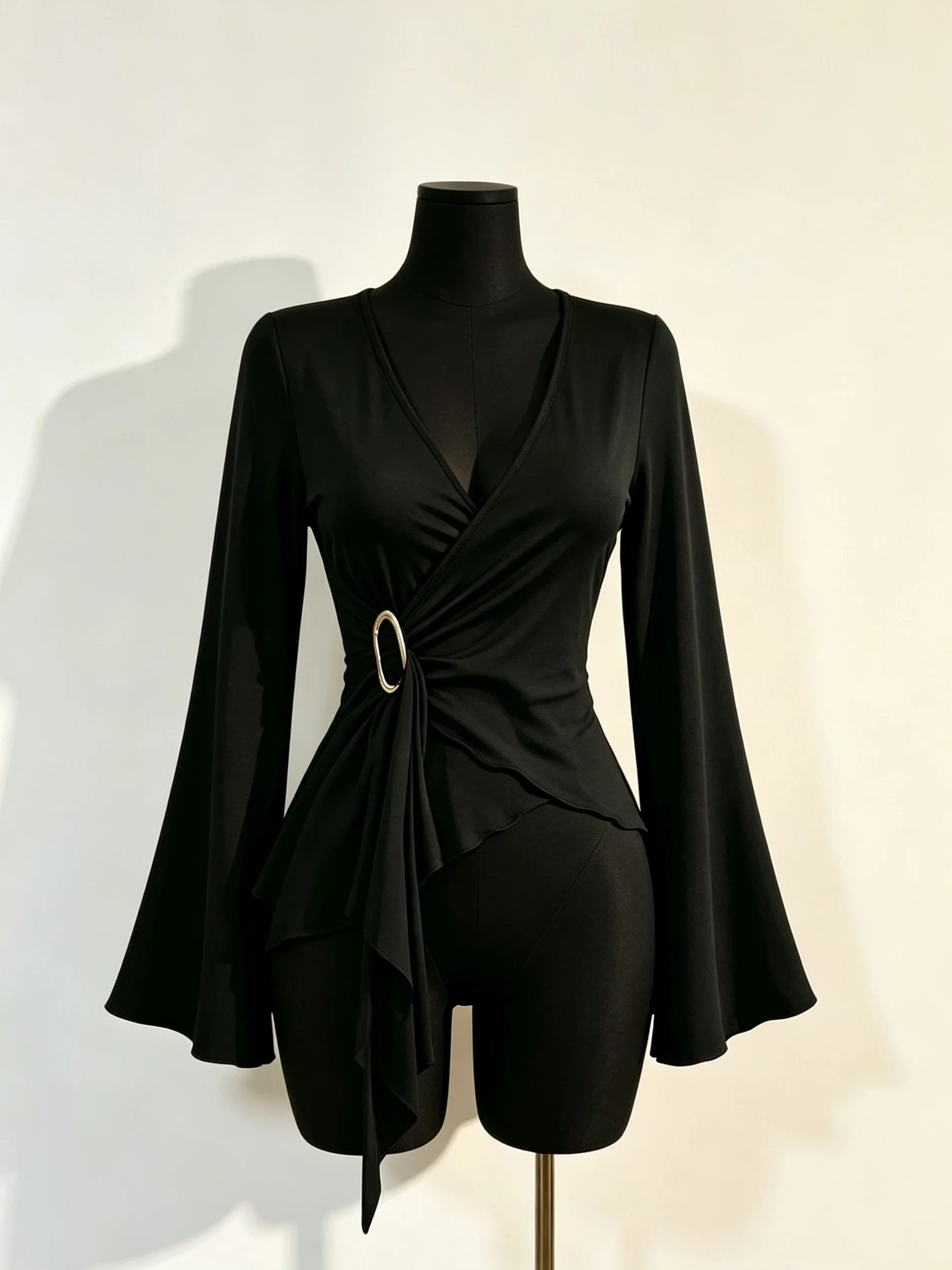 Women Deep V Neck O Ring Tie Waist Flare Long Sleeve Top Asymmetric Hem Slim Fit Crop Tee Y2K Sexy Casual Party Basic Shirt