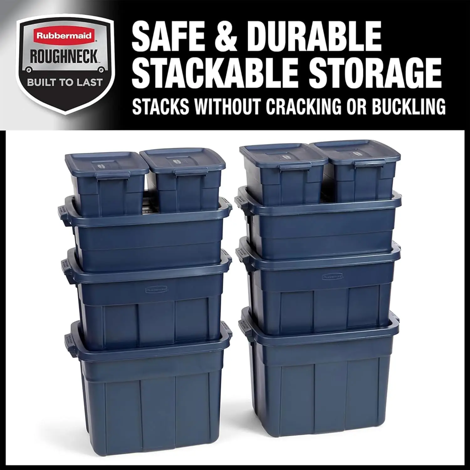 Rubbermaid Roughneck Tote Variety - |Made in the USA| Dark Indigo Metallic, Rugged Plastic Stackable Storage Tote with Lid and H