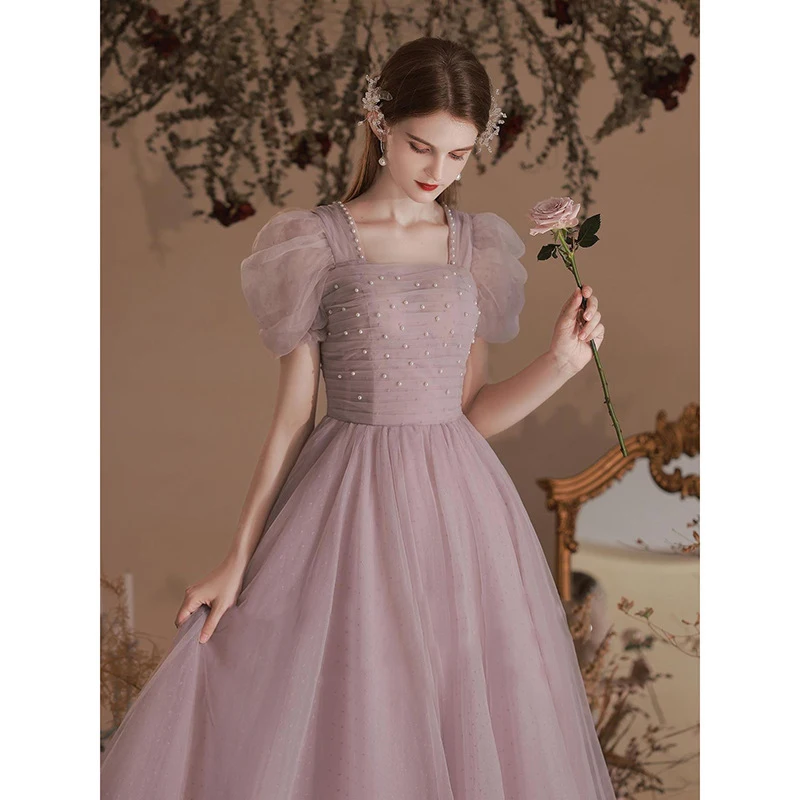 Pink Bridesmaid Dresses Elegant Dress Women For Wedding Party Puff Sleeve Pearls Beading Party Gowns Female Formal Dress