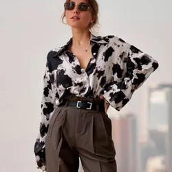 Cow Print Button Up Shirts Women Spring Plus Size Tops Korean Fashion Clothes Chiffon Streetwear Long Sleeve Blouse New 13486