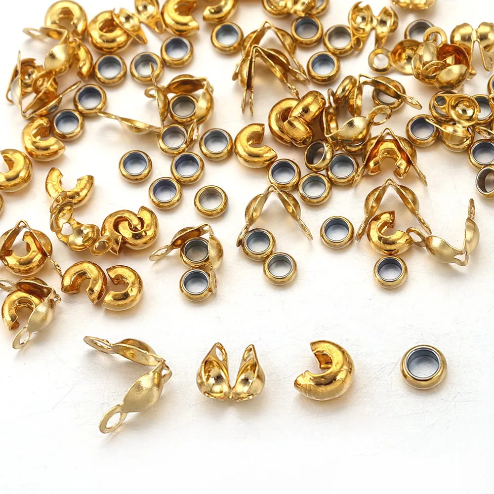 50pcs Stainless Steel Gold Color Crimp End Spacer Beads Connector Fold-Over DIY Bracelet Necklace Jewelry Accessories Wholesale