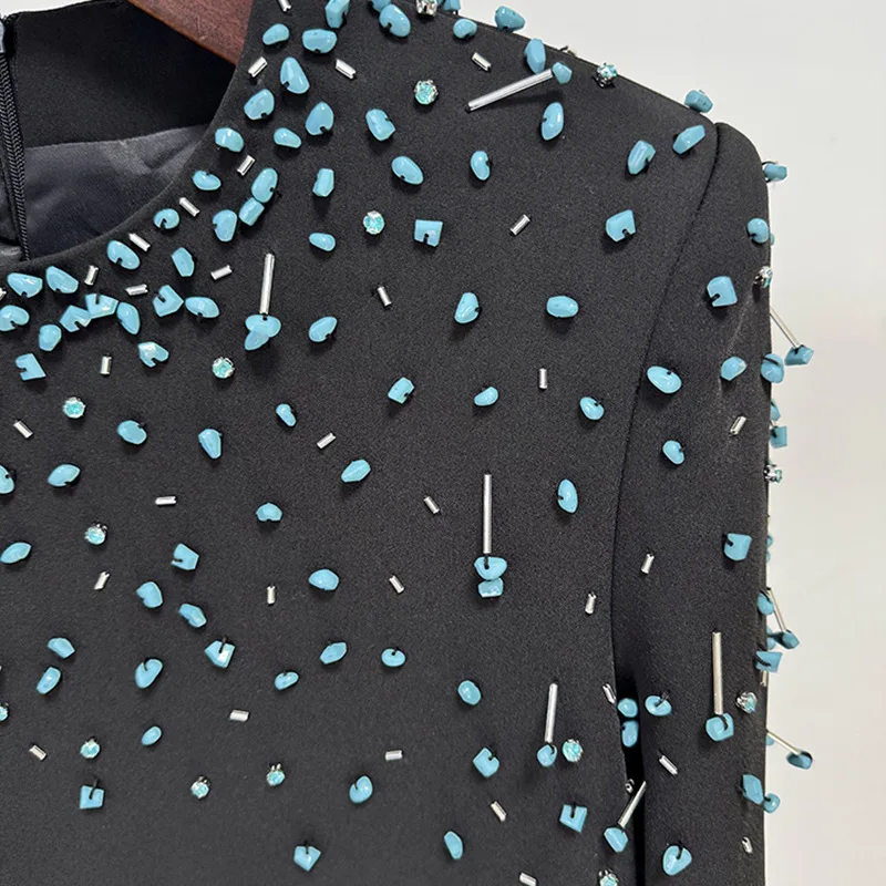 Sukienki damskie na wybieg, letnie, jesienne, z długim rękawem, zdobione koralikami, luksusowe, eleganckie, wieczorowe, jednolite, wysokiej jakości, długie sukienki maxi na studniówkę, imprezę, vestidos