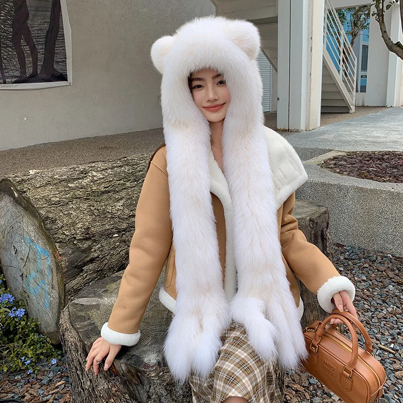 Women's Fashion Warm Hat Fluffy Fox Fur Casual Scarf Hat Trend Outdoor Windproof fur Straw Hat New Winter 2023