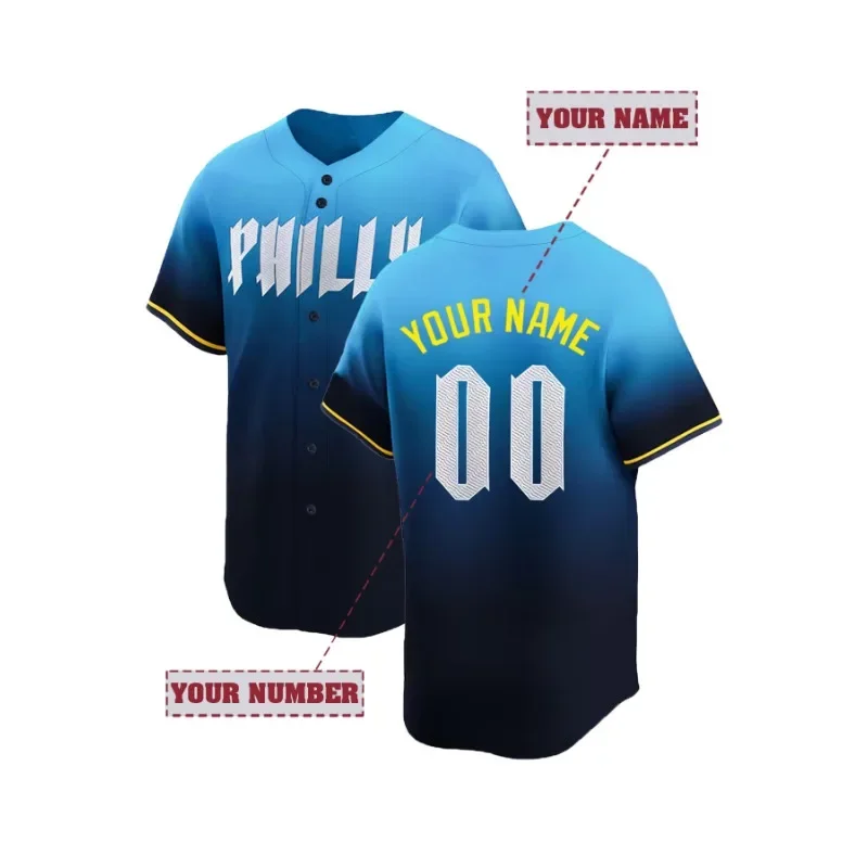 

Мужские бейсбольные майки с вышивкой и именем и номером по индивидуальному заказу, персонализированные рубашки на пуговицах с короткими рукавами и градиентом Филадельфия