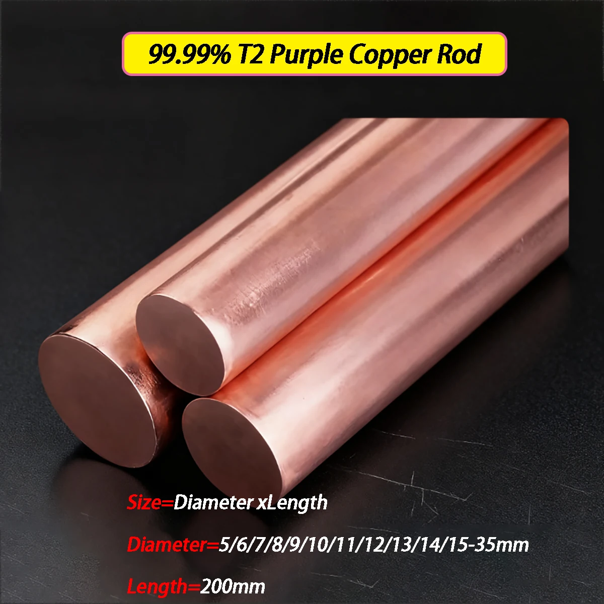 T2 Red Copper Rod Solid  Round Rod Diameter=5/6/7/8/9/10/11/12/13/14/15-35mm  Length=200mm