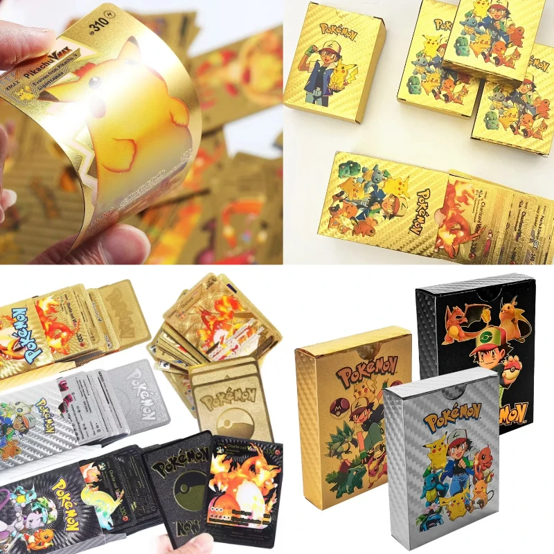 

Boxed Anime Pikachu Spanish English French Gold Foil Silve Cards Vmax GX Game Battle Carte Trading Collection Card Letters
